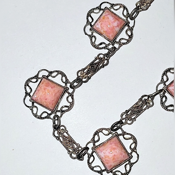 ANTIQUE ART NOUVEAU CORAL COLORED MARBLED GLASS & FILIGREE CHOKER NECKLACE - Picture 3 of 11